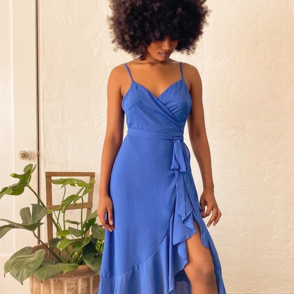 Manhattan Moment Blue Ruffled Midi Wrap Dress